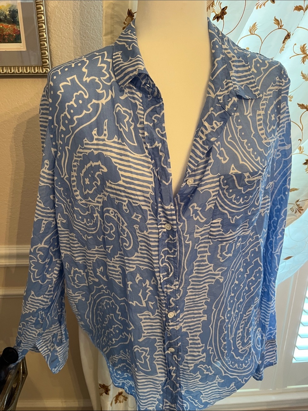 J. Crew Blue and White Paisley Button-Up Blouse